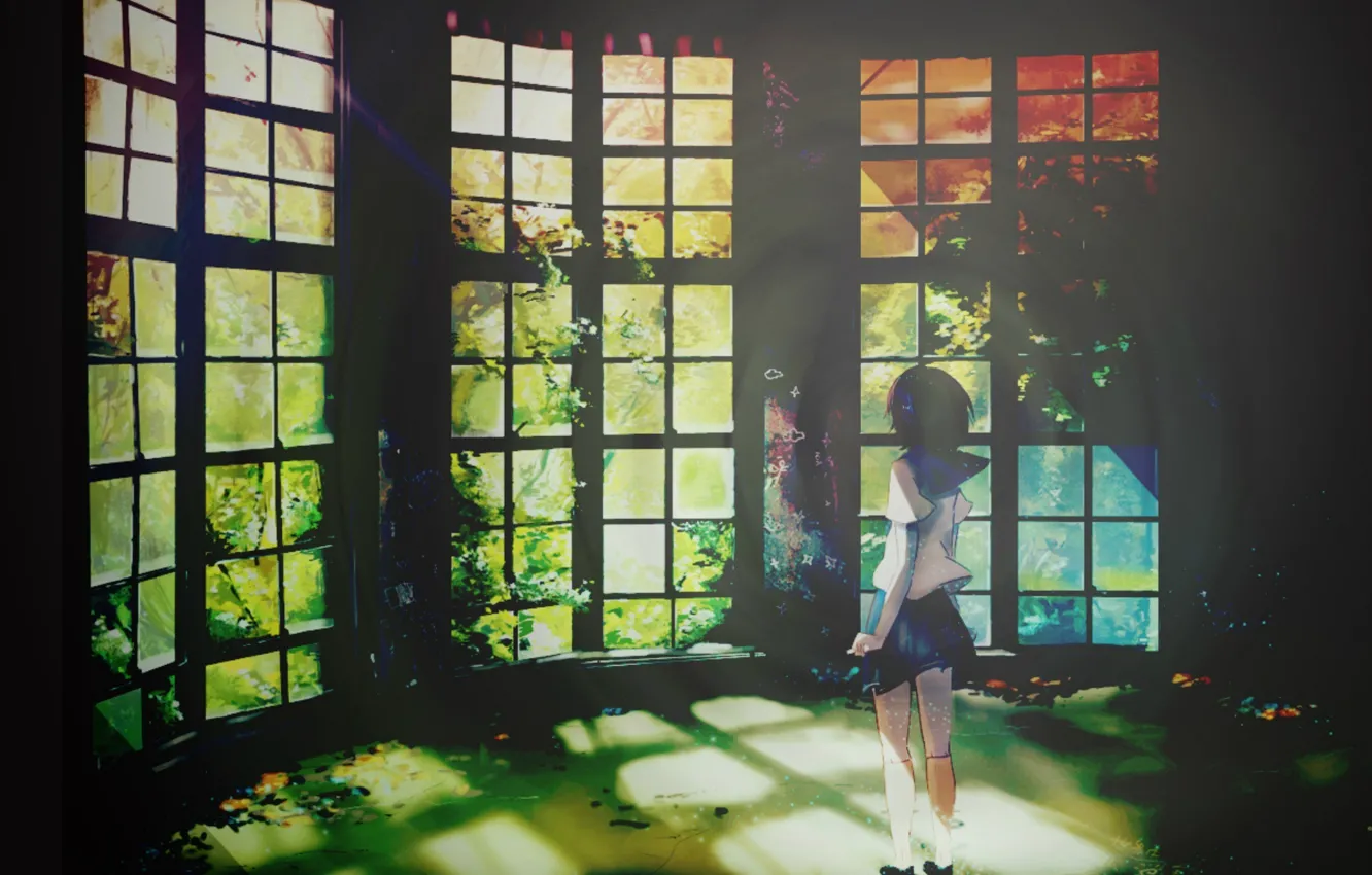 Photo wallpaper rays, light, back, Windows, plants, Schoolgirl, veranda, sailor