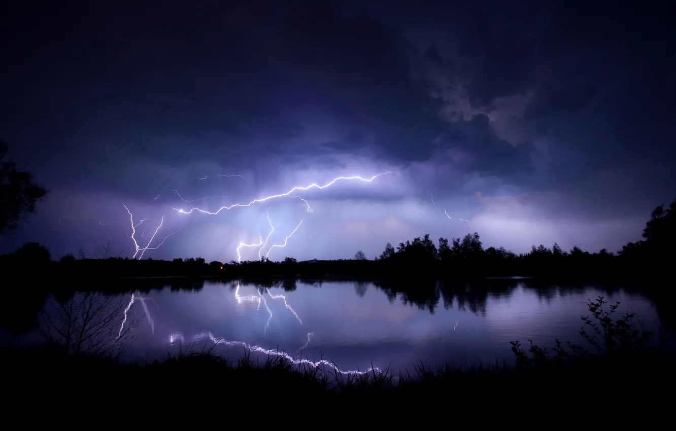 Photo wallpaper the storm, the sky, clouds, lake, reflection, lightning, the evening