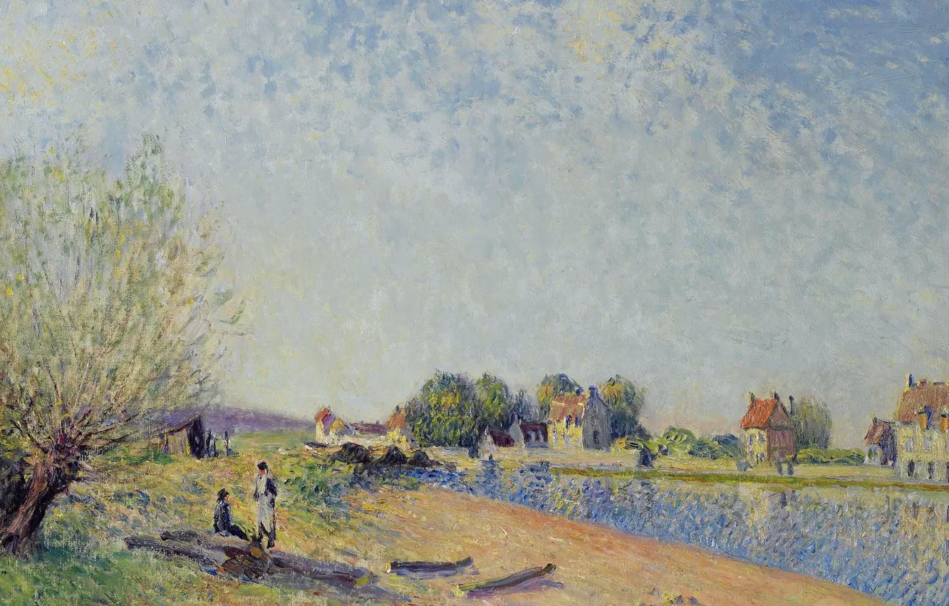 Photo wallpaper landscape, house, river, picture, Alfred Sisley, Alfred Sisley, Channel Luena in Saint-Mames
