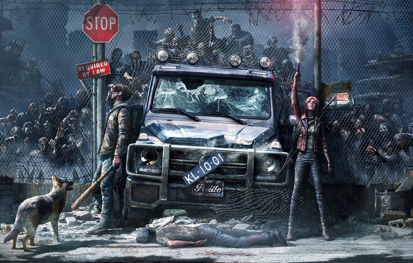 Photo wallpaper car, city, girl, zombie, gun, blood, zombies, undead