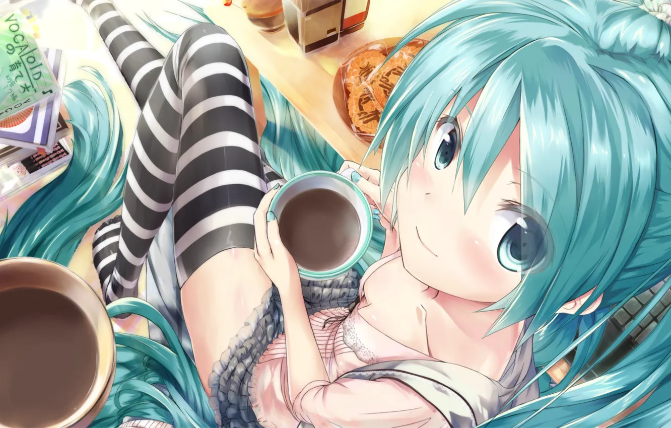 Photo wallpaper books, vocaloid, sitting, Hatsune Miku, long hair, Vocaloid, art, cookies