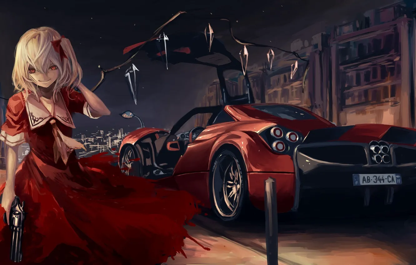 Photo wallpaper machine, girl, the city, gun, wings, art, crystals, red dress