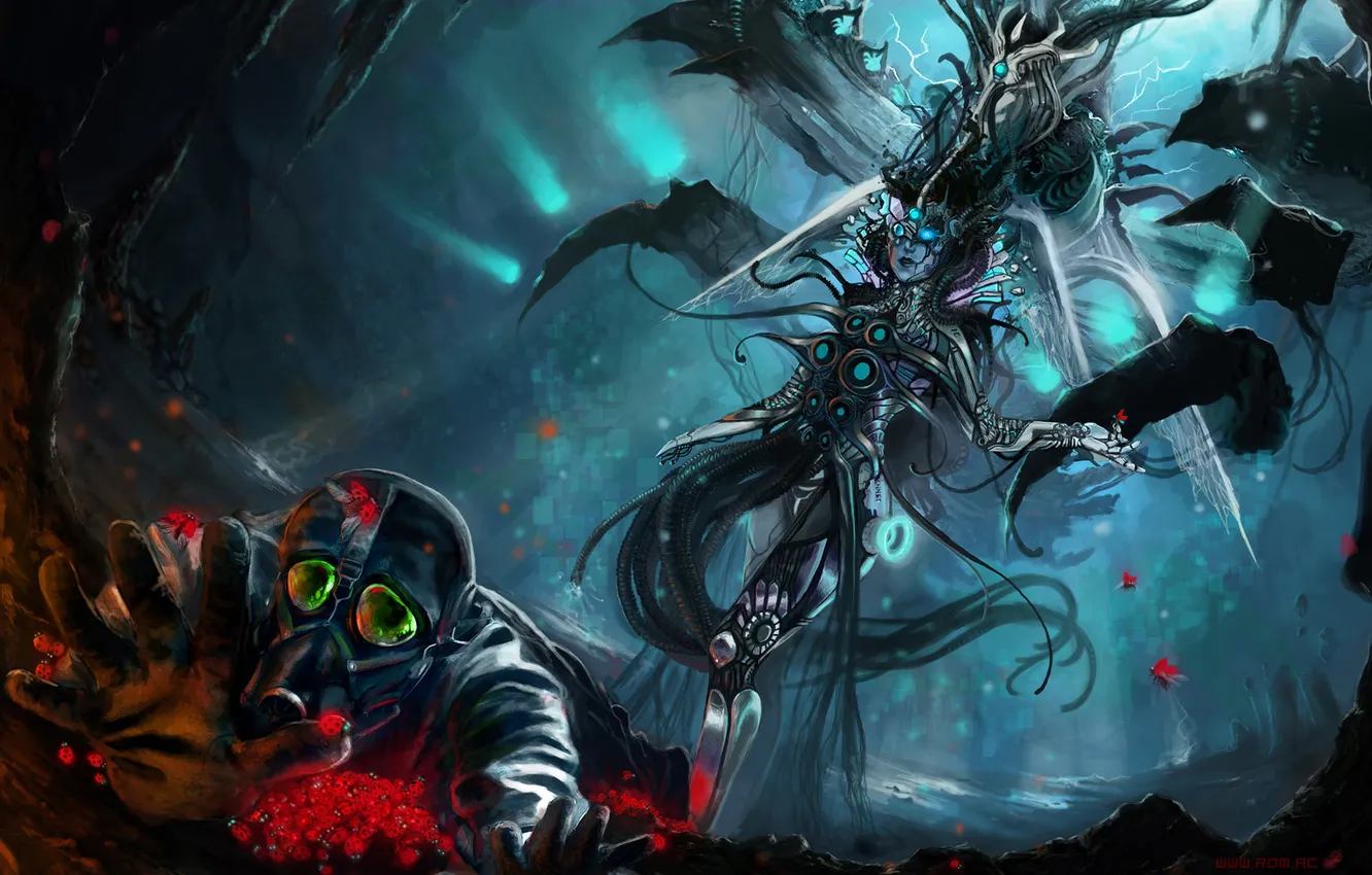 Photo wallpaper girl, wire, robot, art, gas mask, sniper, ladybugs, alexiuss