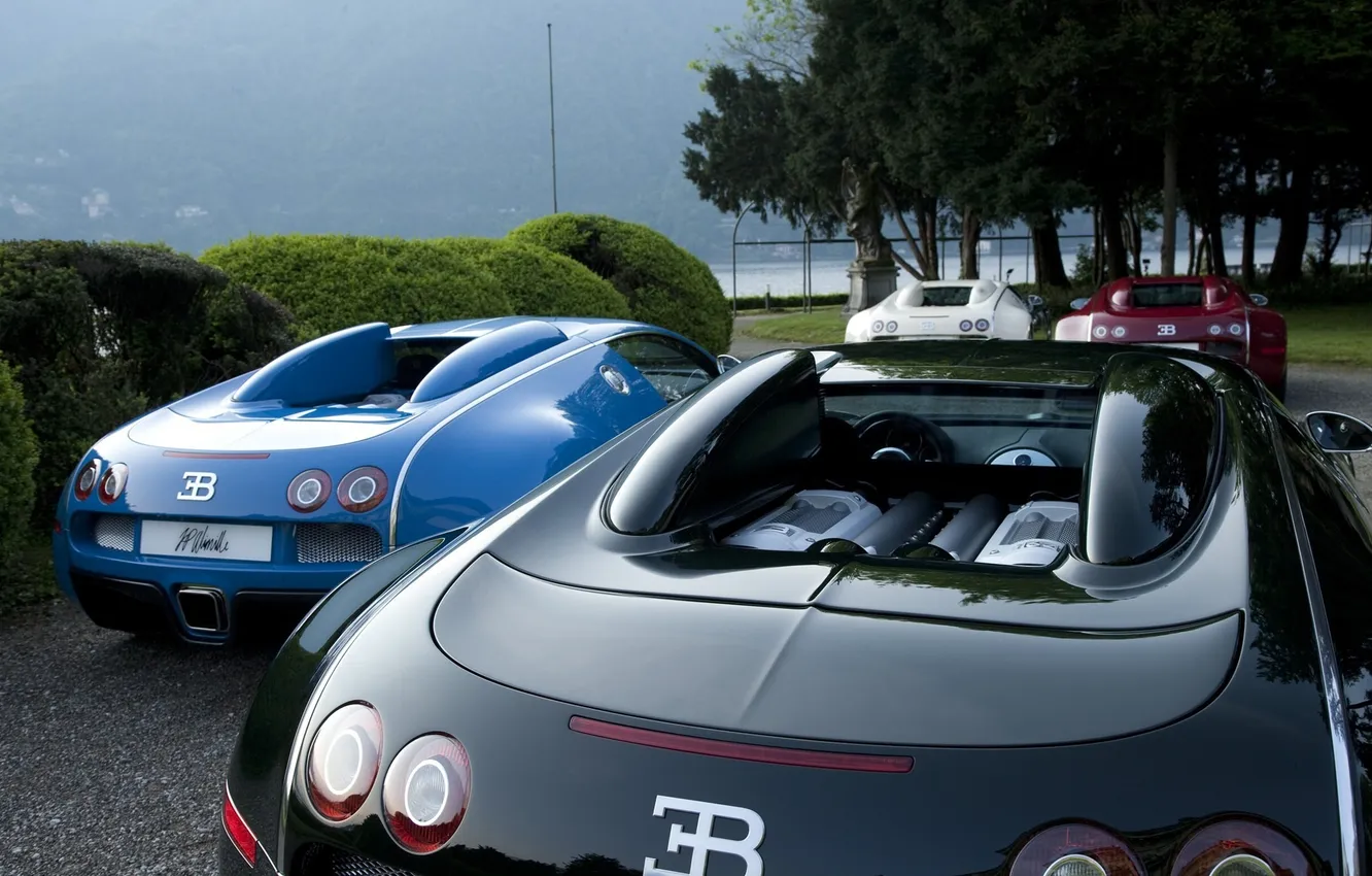 Photo wallpaper lake, Bugatti, Veyron, red, white, black, blue, Centenary