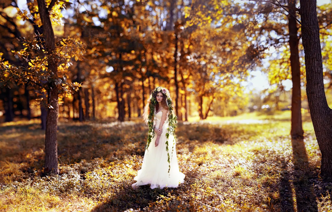 Photo wallpaper girl, sunshine, trees, park, flowers, crown, autumn, shadows