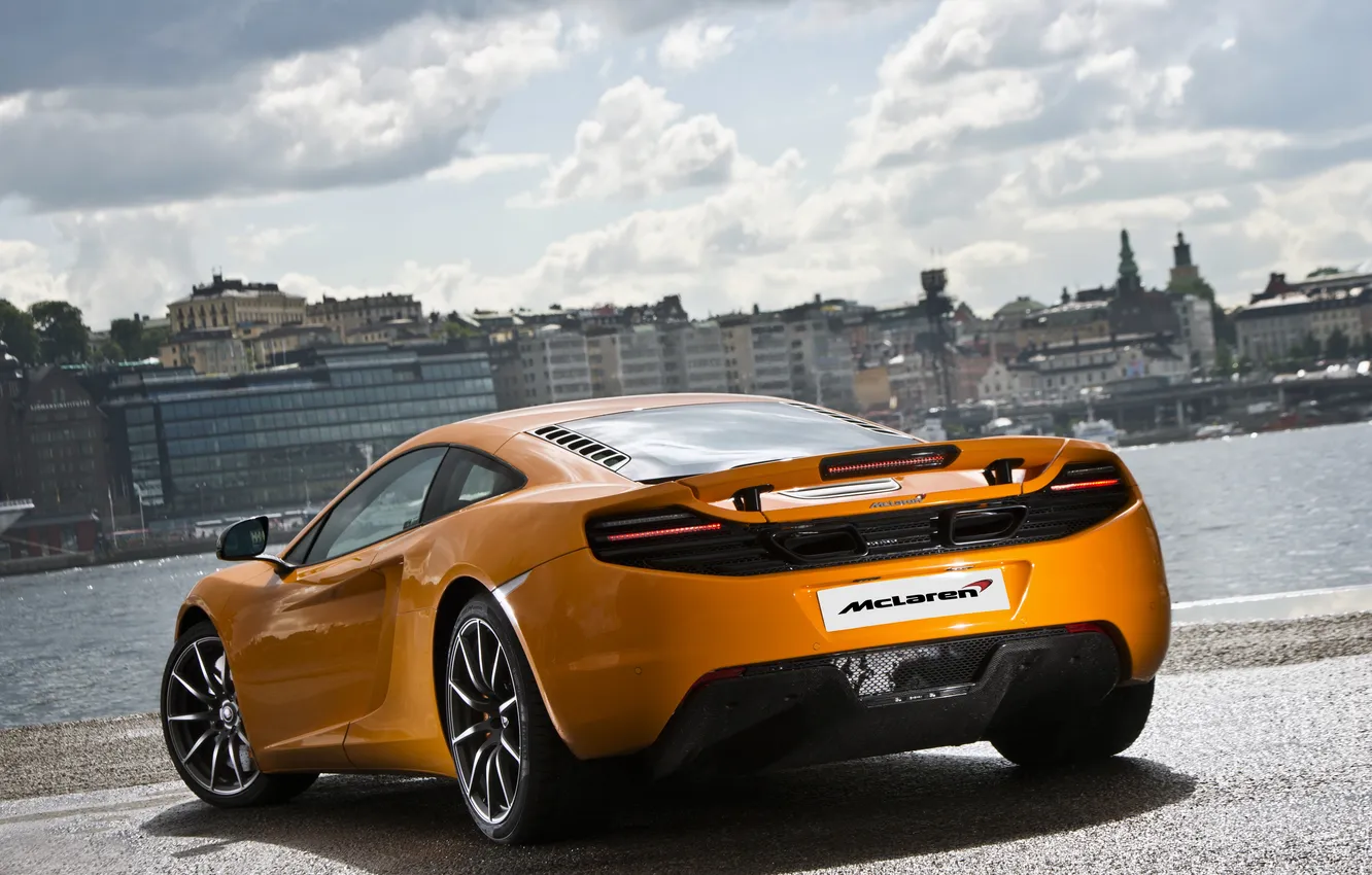 Photo wallpaper the sky, orange, clouds, the city, McLaren, shadow, promenade, MP4-12C