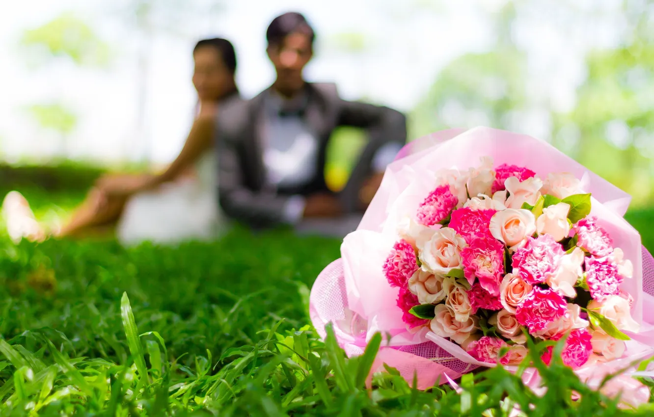 Photo wallpaper greens, grass, girl, macro, flowers, background, mood, widescreen