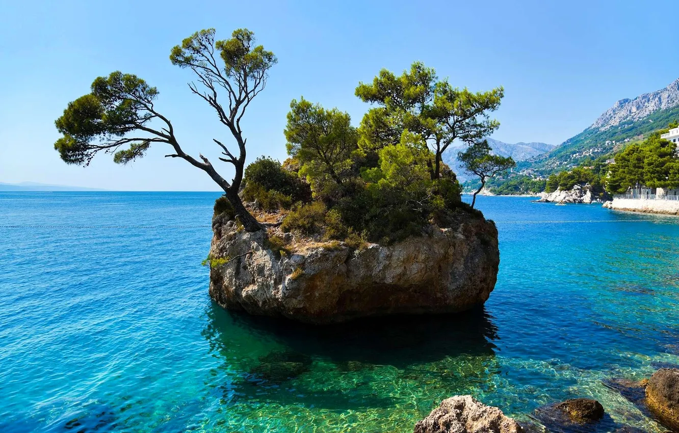 Photo wallpaper sea, the sky, trees, mountains, rocks, island