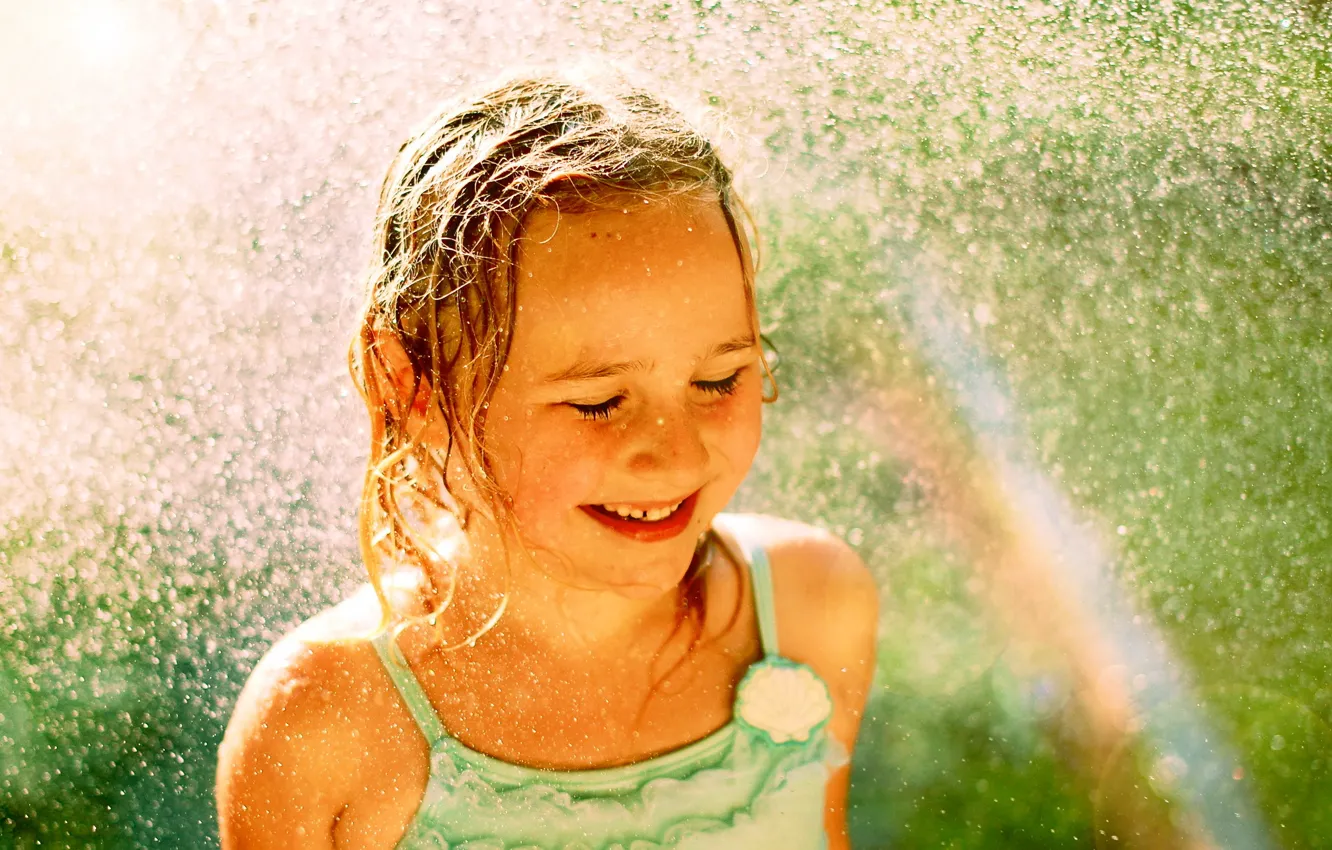 Photo wallpaper water, drops, mood, rainbow, girl