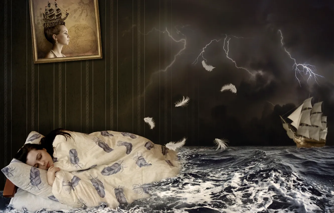 Photo wallpaper sea, the storm, wave, girl, night, clouds, creative, wall