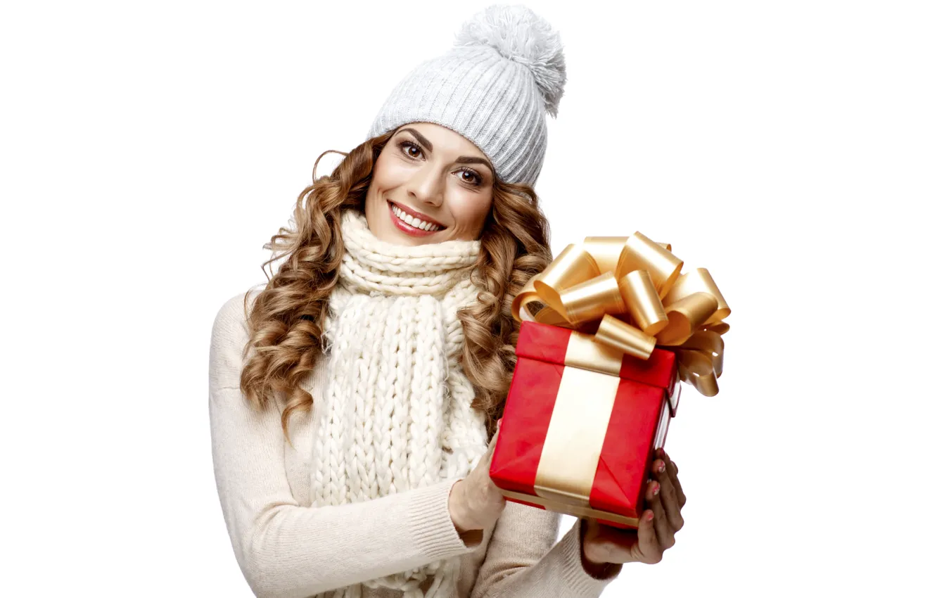 Photo wallpaper girl, smile, mood, holiday, gift, hat, new year, scarf