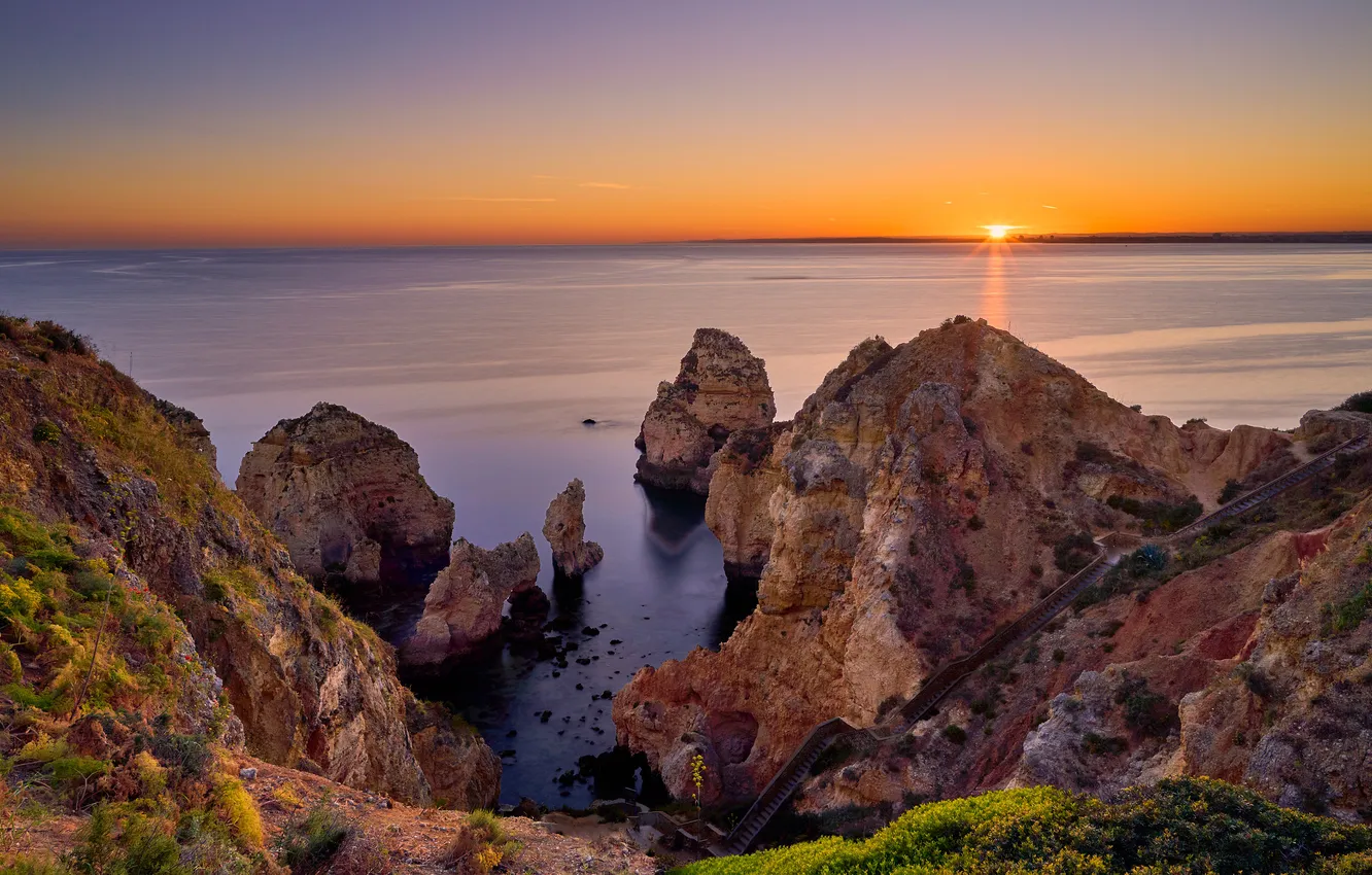Photo wallpaper sea, the sun, sunset, mountains, rocks, shore, horizon