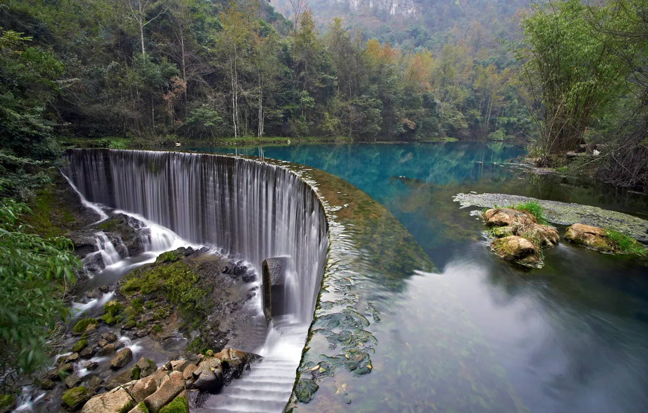 Photo wallpaper forest, trees, lake, Park, stones, waterfall, Croatia, Plitvice Lakes National Park