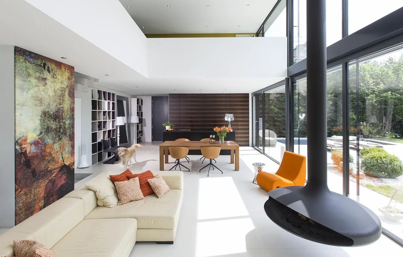 Photo wallpaper design, style, interior, kitchen, fireplace, living room, dining room, by Bau-werk-stadt Architekten
