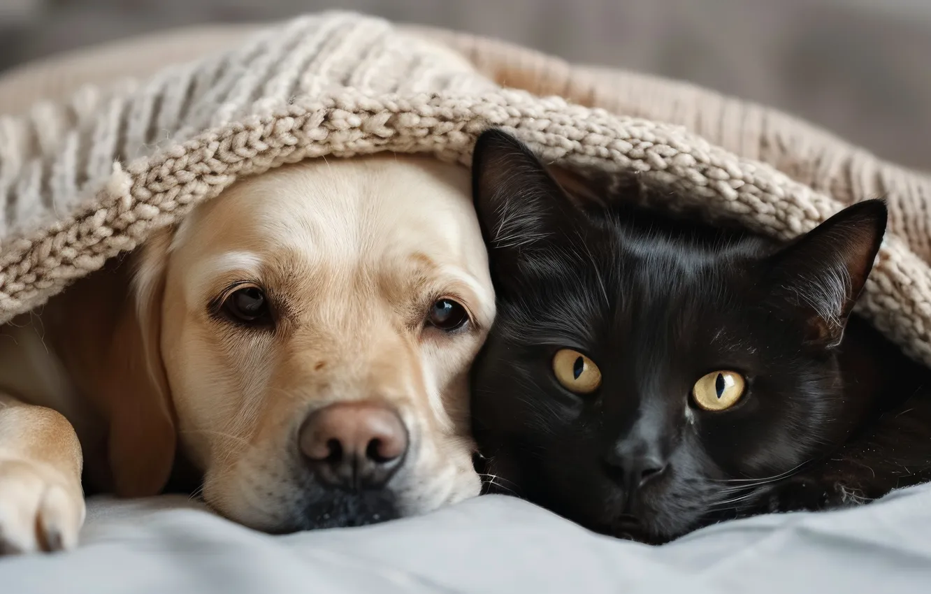 Photo wallpaper cat, cat, look, comfort, each, together, dog, lies