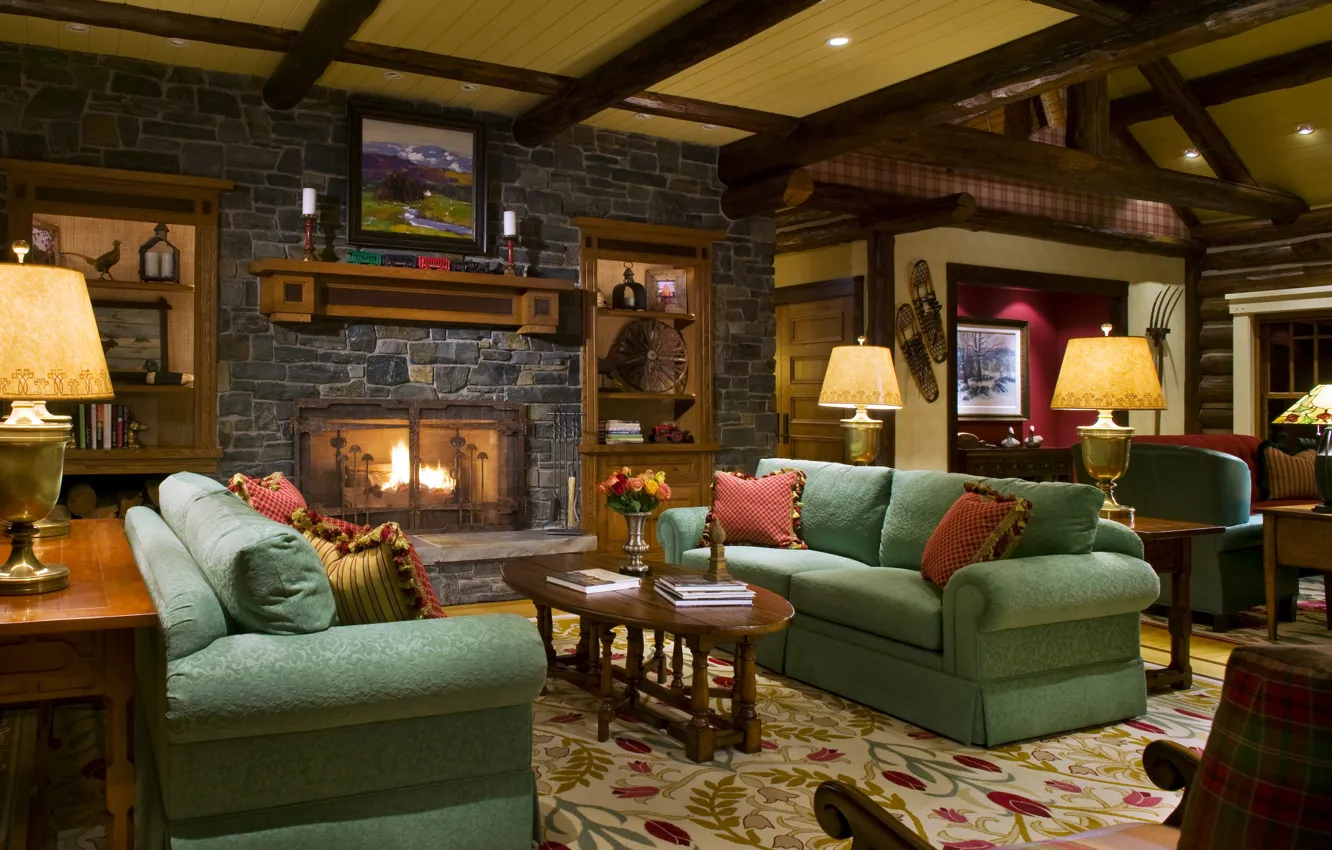 Photo wallpaper design, table, room, sofa, lamp, interior, fireplace