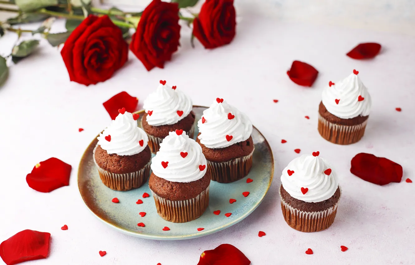 Photo wallpaper roses, bouquet, Valentine's day, cupcakes