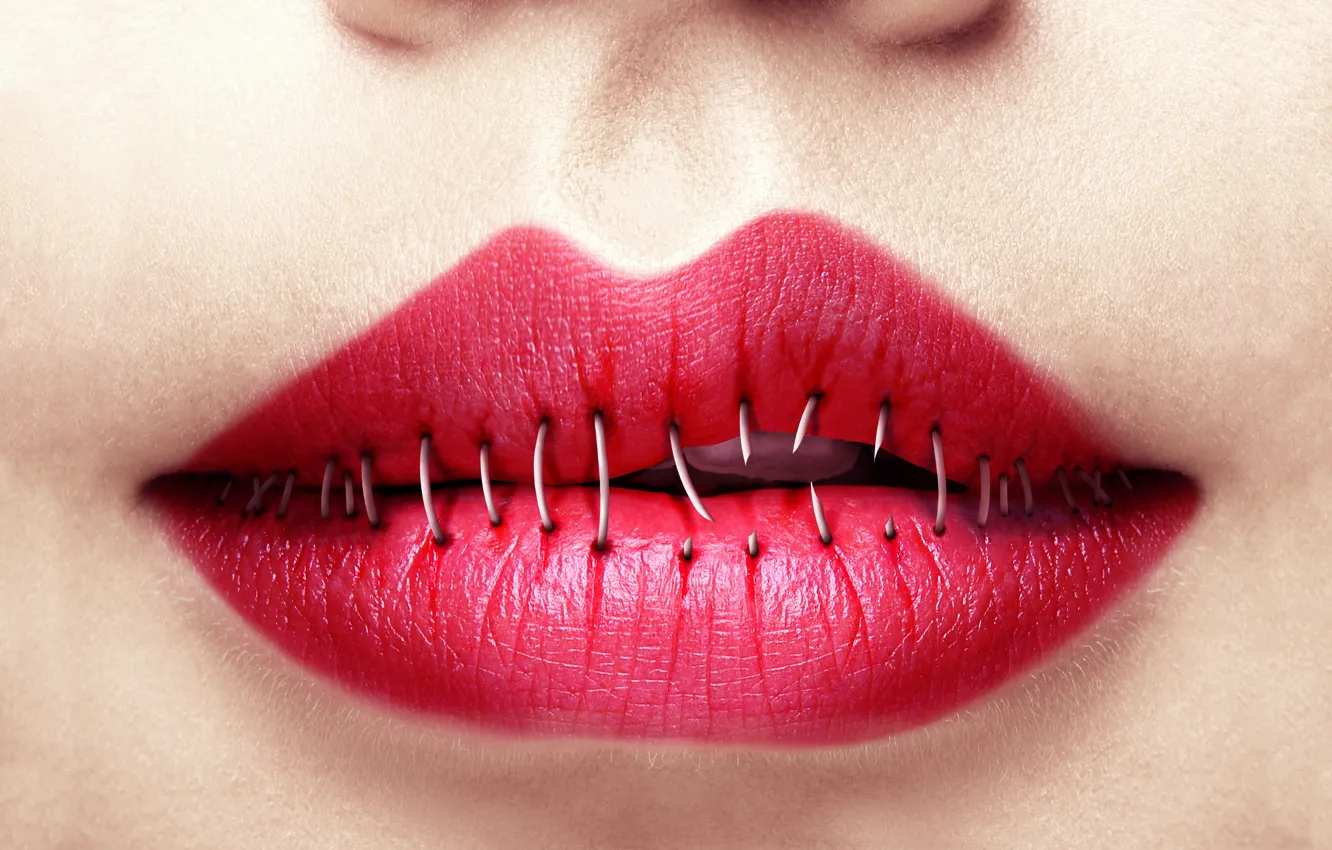 Photo wallpaper lips, sewing, yarn
