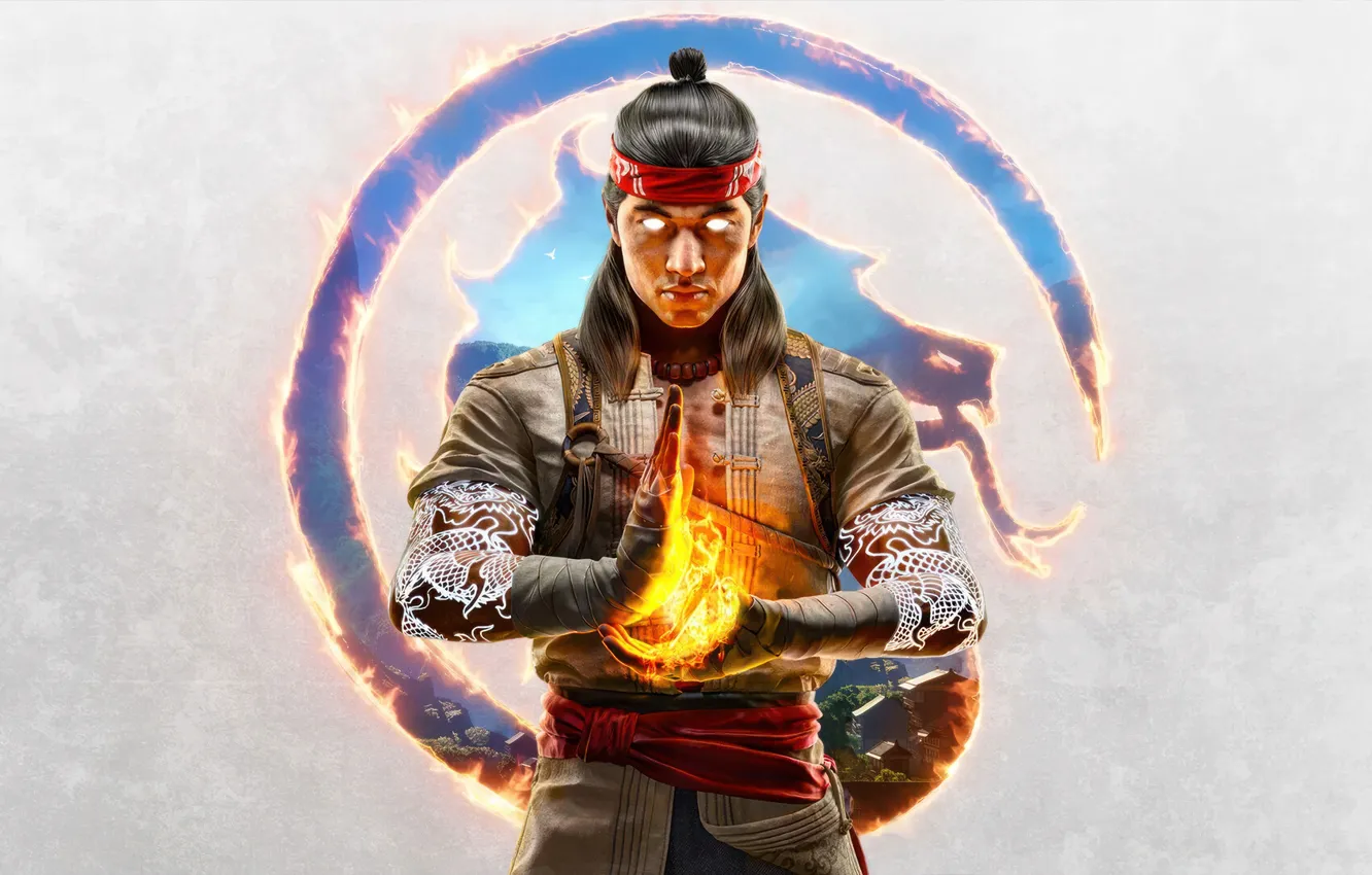 Photo wallpaper fire, tatoo, Liu Kang, Mk1, Dragon Logo, NetherRealm Studios, 2023, Mortal Kombat 1