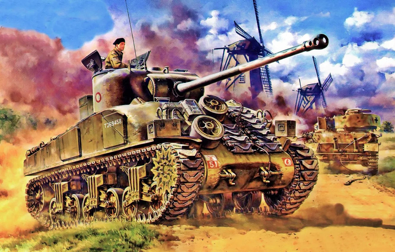 Photo wallpaper weapon, war, art, painting, tank, ww2, Sherman Firefly