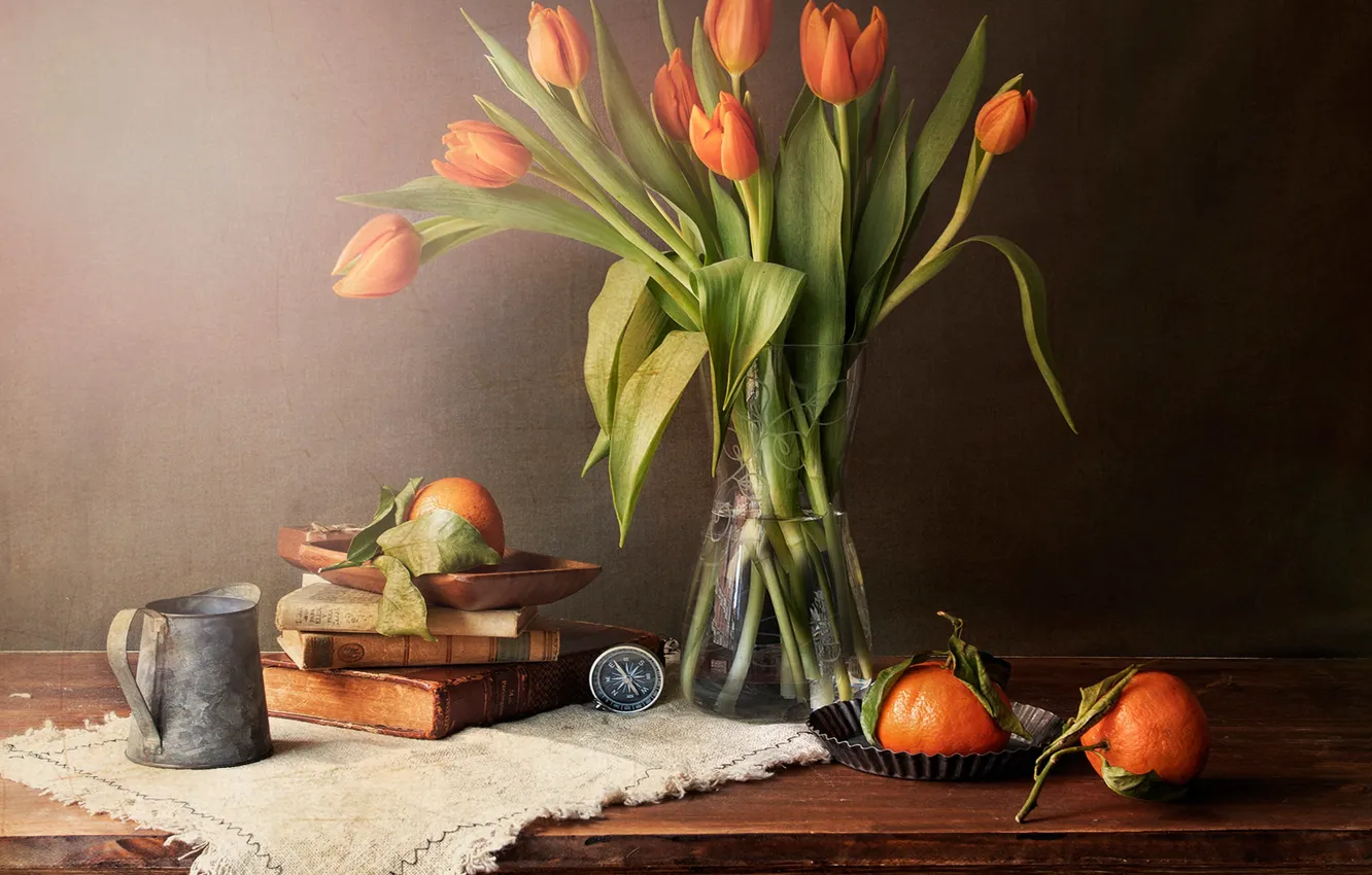 Photo wallpaper flowers, style, books, bouquet, tulips, vase, still life, compass