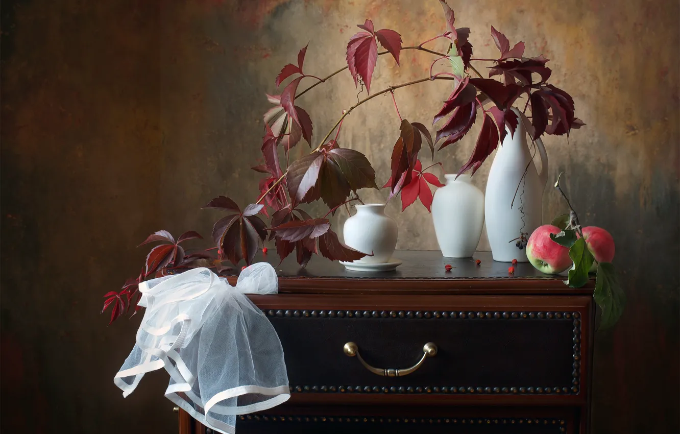 Photo wallpaper autumn, leaves, branches, apples, table, vase, still life, ivy
