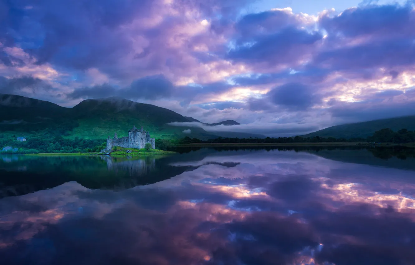 Photo wallpaper clouds, lake, Scotland, Kilchurn castle