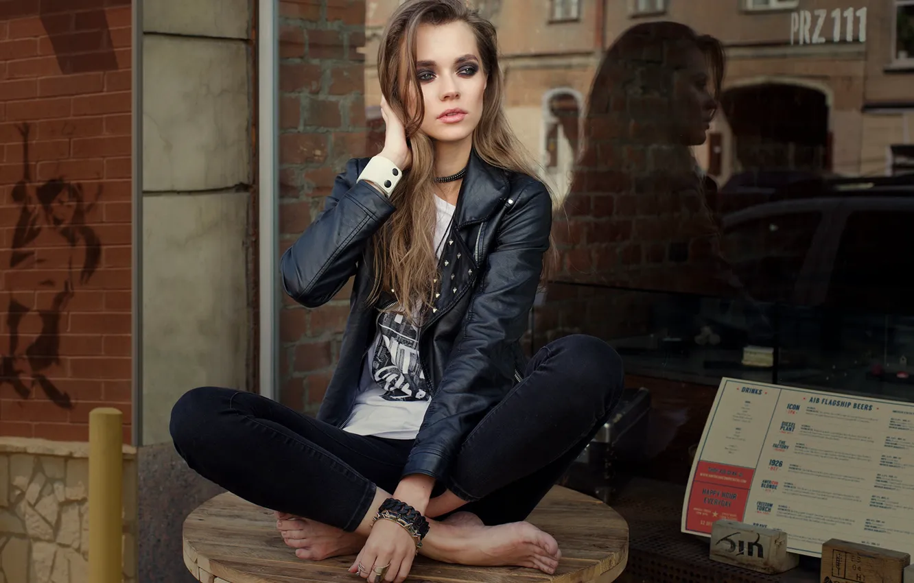 Photo wallpaper glass, girl, pose, reflection, makeup, jacket, barefoot, Alexey Shishkin
