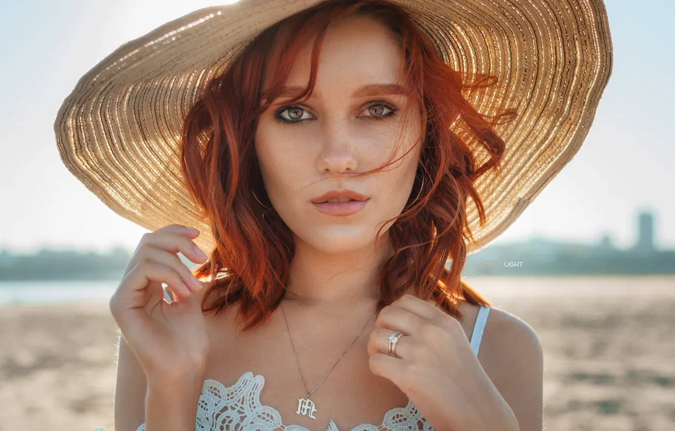 Photo wallpaper look, girl, face, portrait, hat, red, redhead, Alexander Drobkov-Light