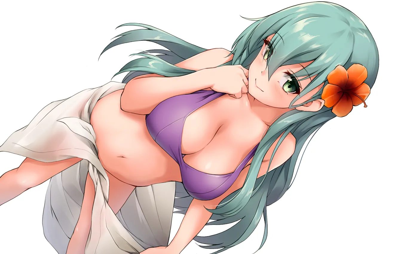 Photo wallpaper girl, sexy, cleavage, green eyes, long hair, boobs, anime, beautiful