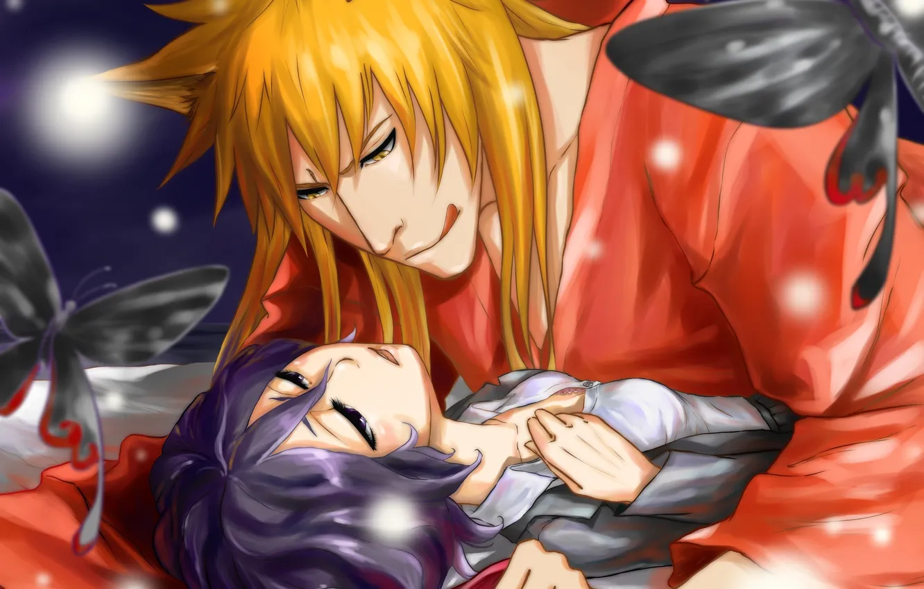 Photo wallpaper girl, smile, mood, butterfly, hugs, guy, neko, Bleach