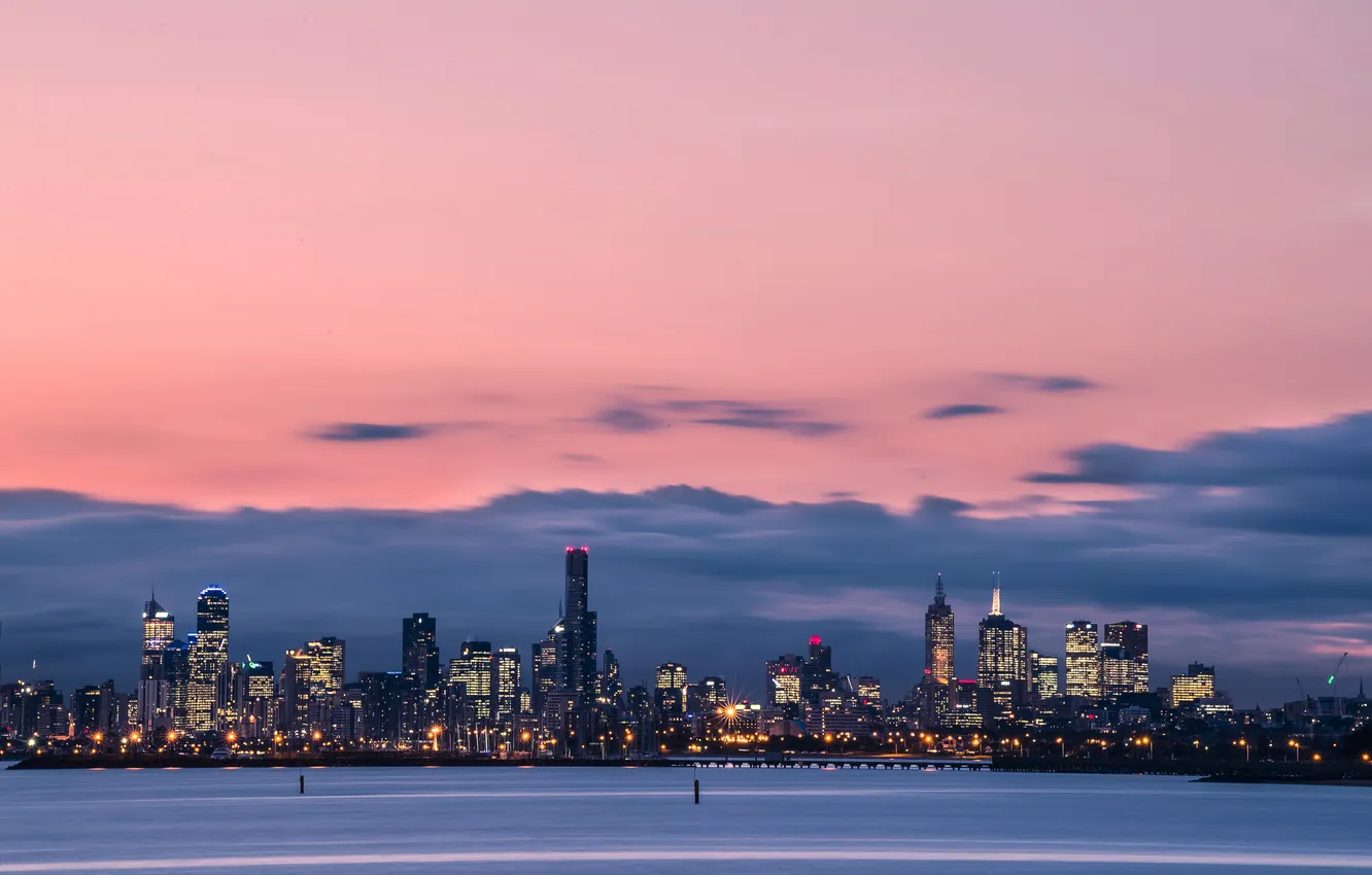 Photo wallpaper the city, lights, the evening, Australia, Bay, Melbourne