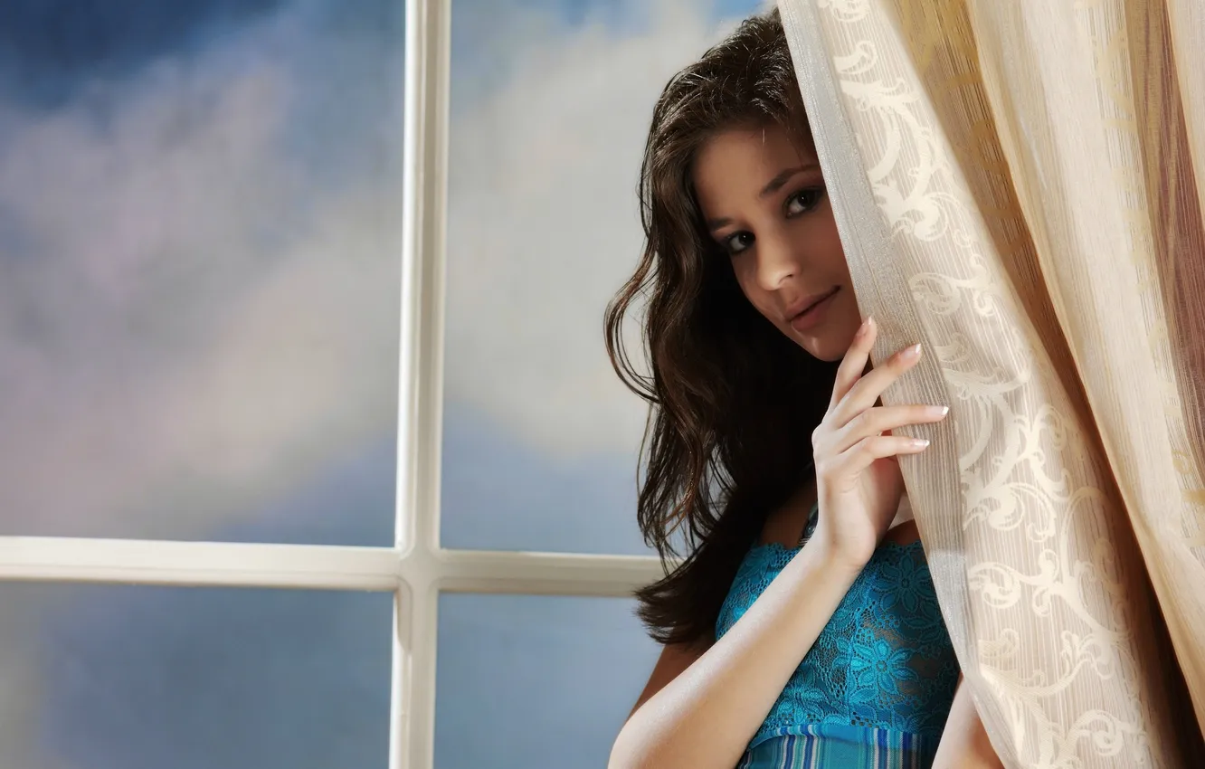 Photo wallpaper girl, home, brunette, curtains, Peeps