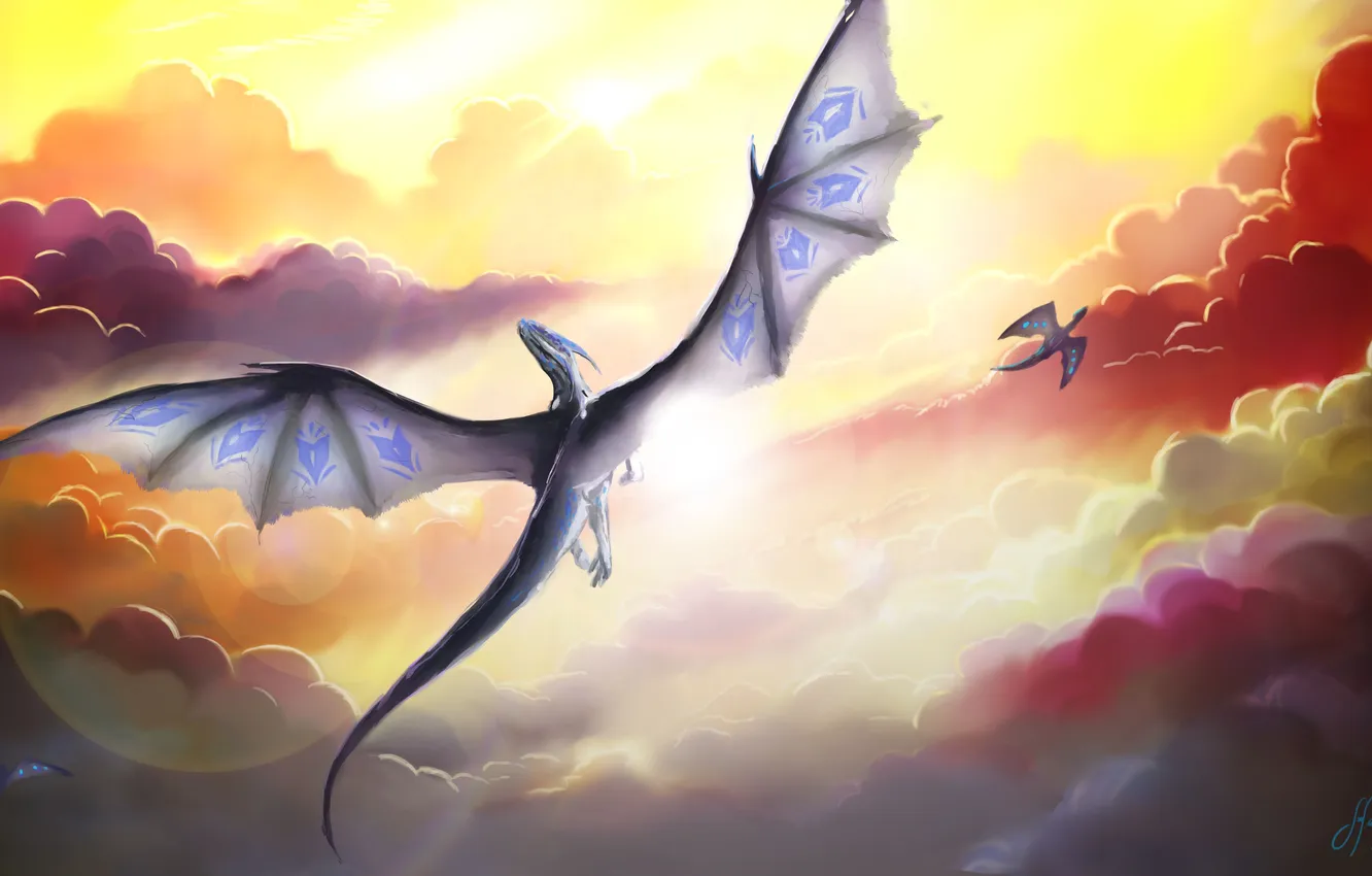 Photo wallpaper clouds, flight, dragon