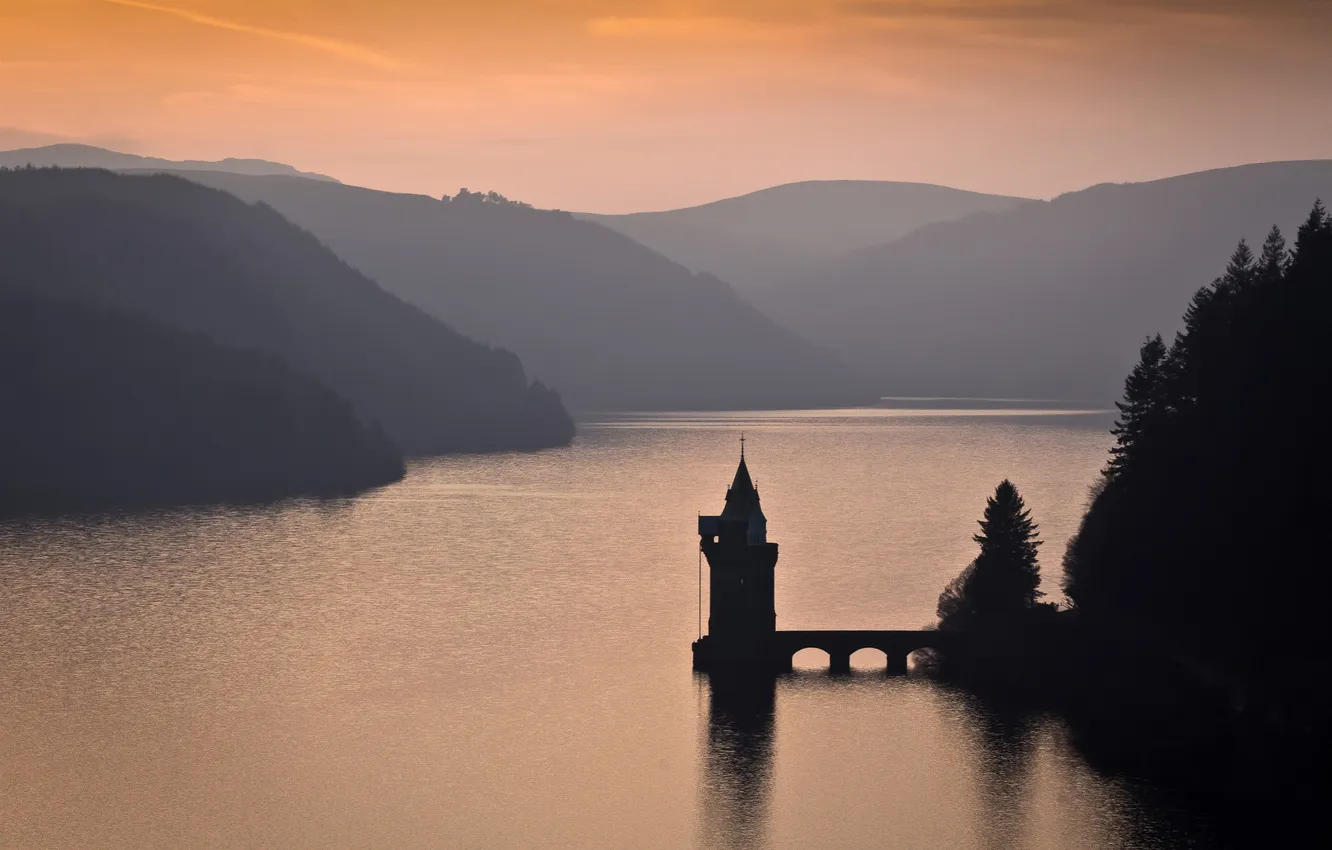 Photo wallpaper forest, mountains, river, tower, the evening