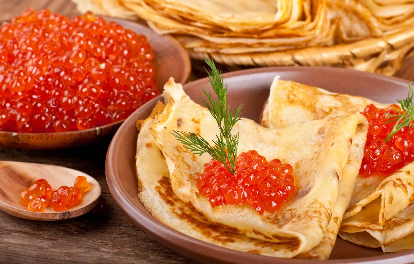 Photo wallpaper spoon, pancakes, caviar