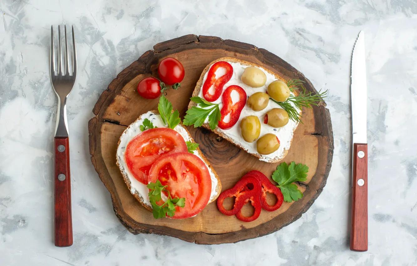 Photo wallpaper bread, light background, tomatoes, olives, stand, sandwiches