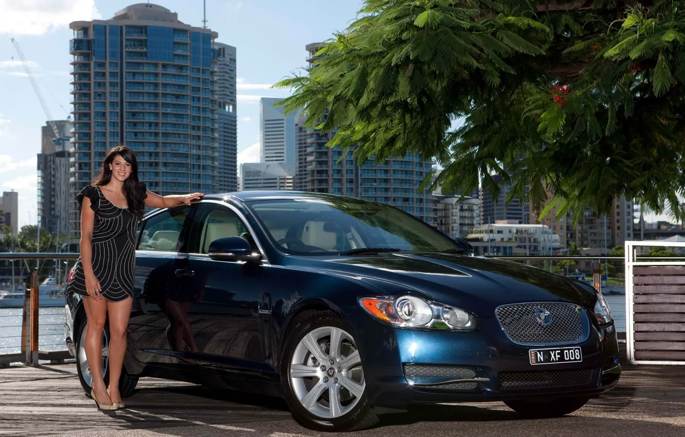 Photo wallpaper road, auto, look, girl, trees, smile, building, Jaguar