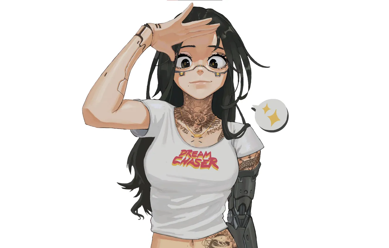 Photo wallpaper long hair, women, smiling, moles, black eyes, looking at viewer, closed mouth, one arm up