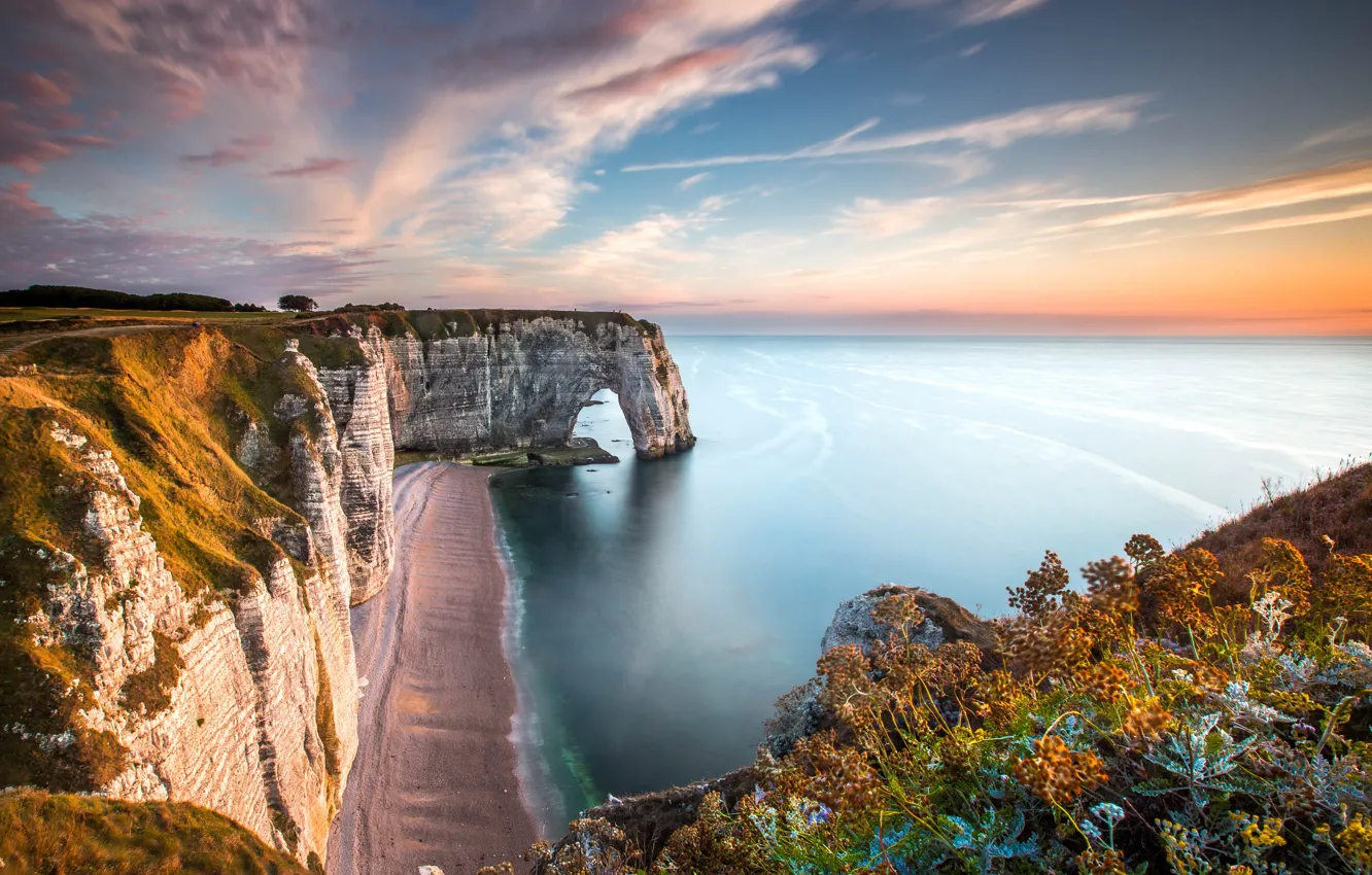 Photo wallpaper sand, sea, the sky, water, clouds, open, rocks, France