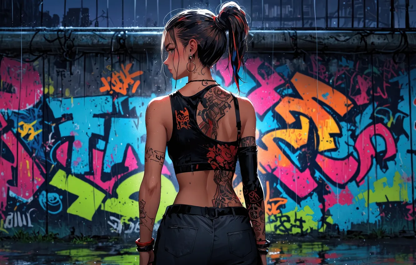 Photo wallpaper girl, graffiti, tattoo, AI Art, AI Generated