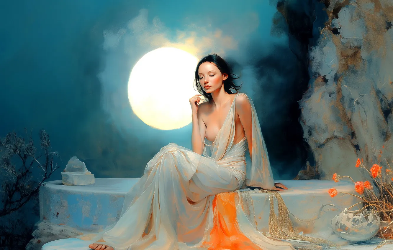 Photo wallpaper chest, girl, style, the moon, portrait, fabric, sitting, blue background