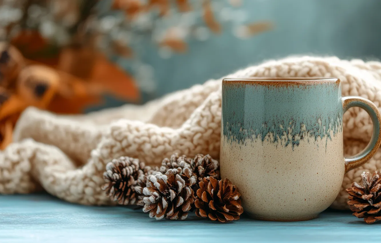 Photo wallpaper autumn, table, coffee, Cup, plaid, bumps, AI art, neural network