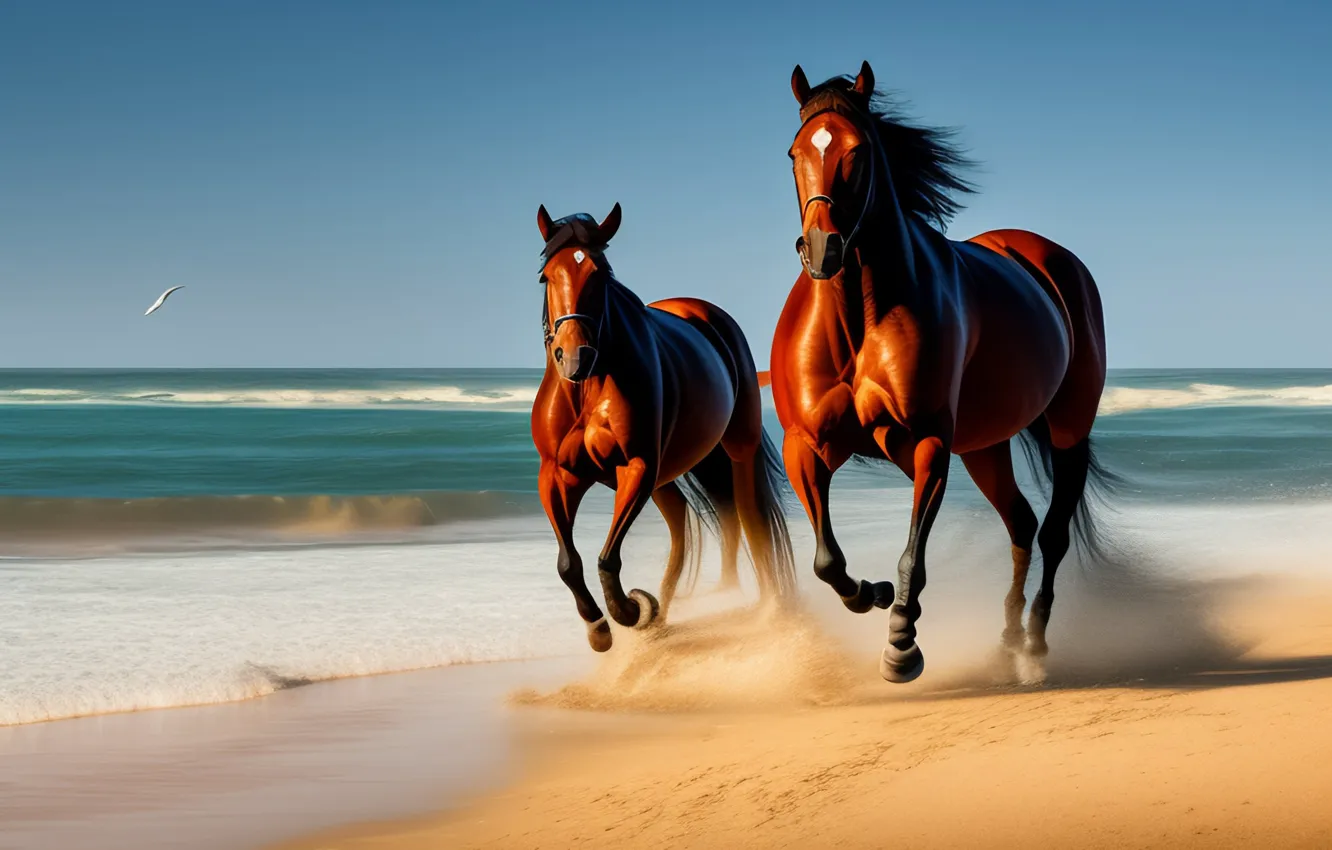 Photo wallpaper sand, sea, horse, coast, horse, art, running, two