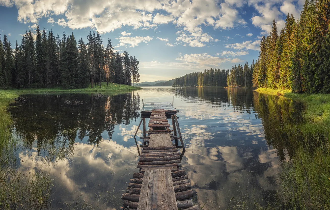 Photo wallpaper clouds, trees, lake, beauty, horizon, bridges, the reflection in the water, Magnificent landscape