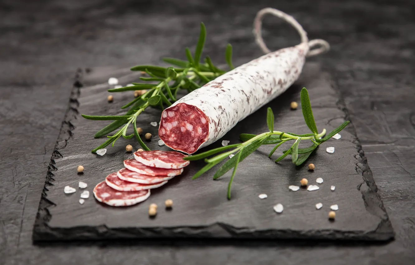 Photo wallpaper cutting, seasoning, salami, sausage product