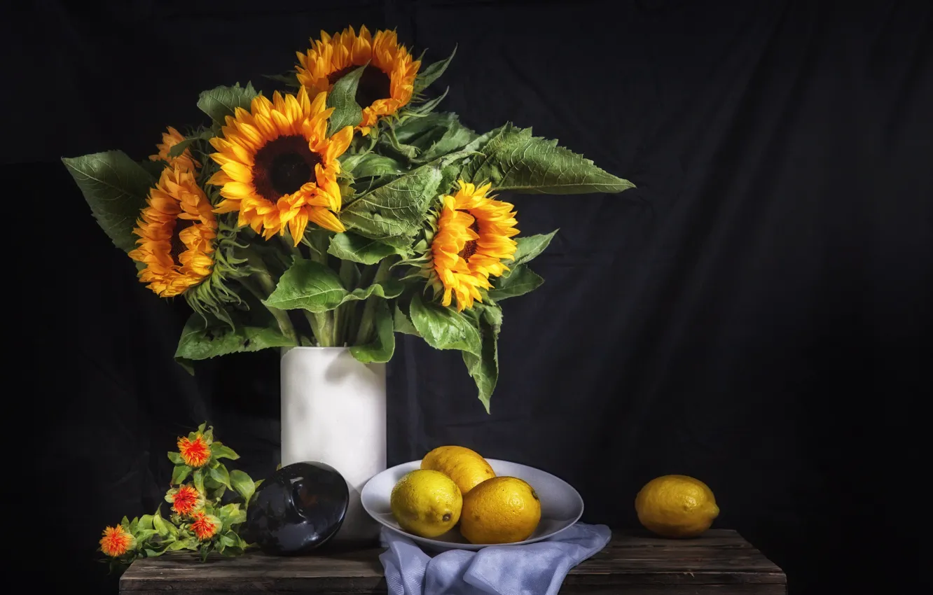 Photo wallpaper sunflowers, flowers, lemon, citrus, still life