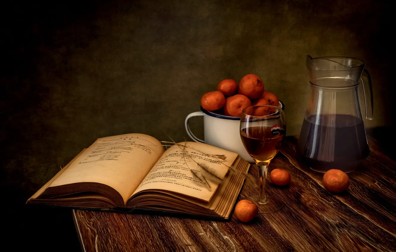 Photo wallpaper glass, the dark background, table, wine, glass, mug, book, pitcher