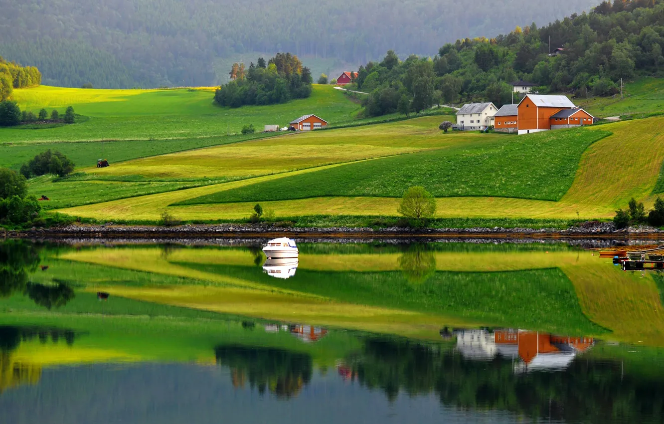 Photo wallpaper field, forest, river, boat, home