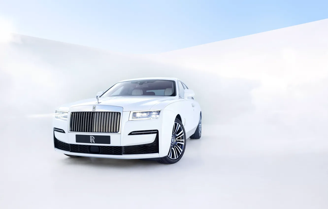 Photo wallpaper White, Rolls Royce, Ghost, V12, Front, 2020, 571 HP, Light background